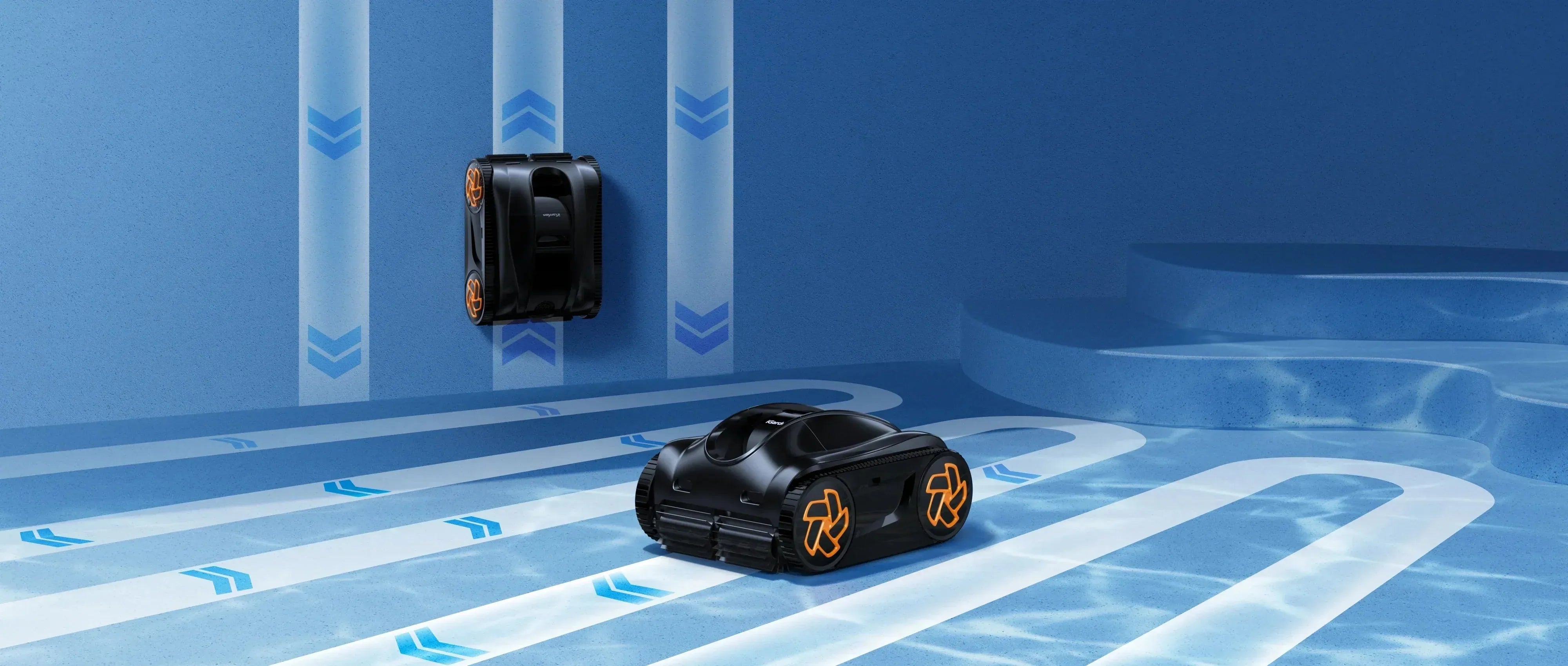 The iGarden Pool Cleaner K60 demonstrates its advanced cleaning power, effortlessly navigating the pool floor and scaling walls for a comprehensive clean