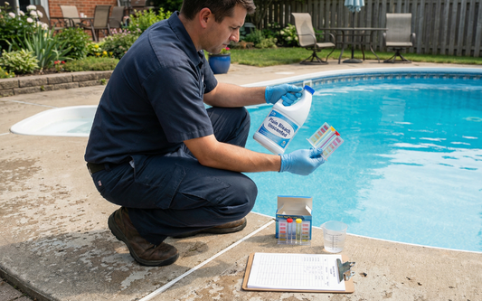 Pool owner checking a plain unscented bleach label and pool water test results beside a backyard swimming pool