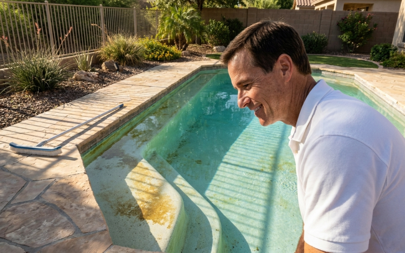 Homeowner inspecting mustard algae on shaded pool steps and walls in a backyard swimming pool