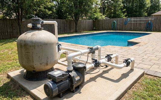 A typical residential pool filter installed on the equipment pad