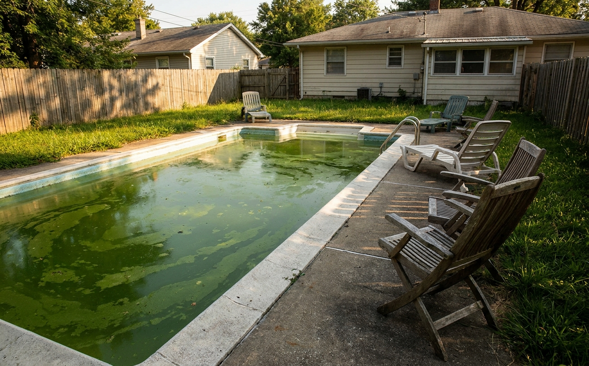 A green pool can mean different things depending on the shade, clarity, and surface feel