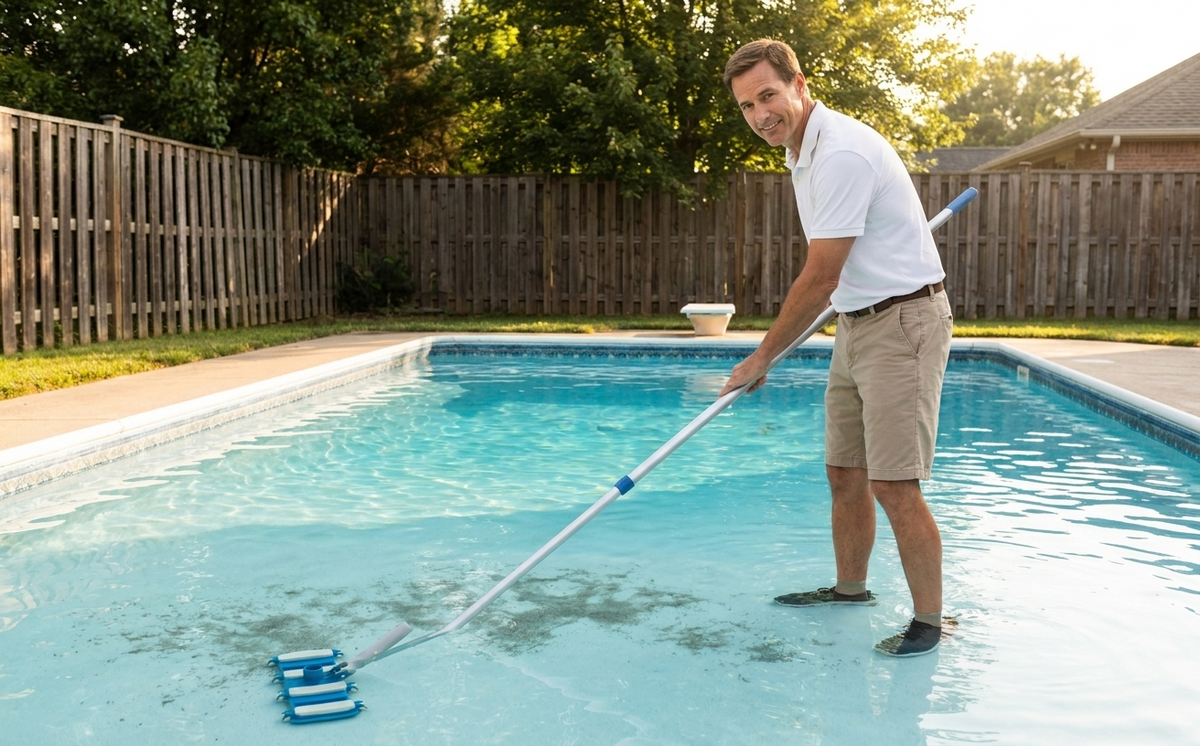 Vacuuming settled dead algae slowly along the pool floor