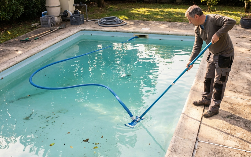 Homeowner manually vacuuming a residential swimming pool with a hose and pole