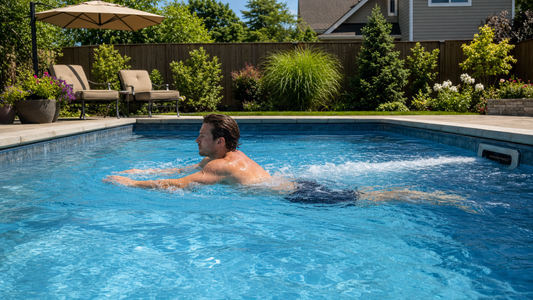 A swimmer training in place against a strong even current in a backyard pool