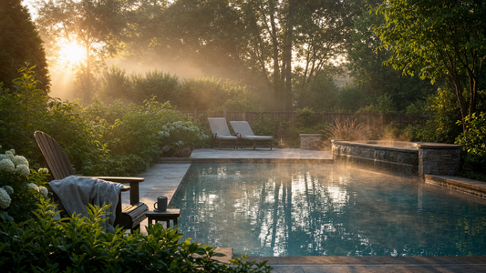 A calm backyard pool at early morning with soft light and a sense of stillness