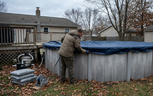 Homeowner preparing an above ground pool for winter closing in a residential backyard