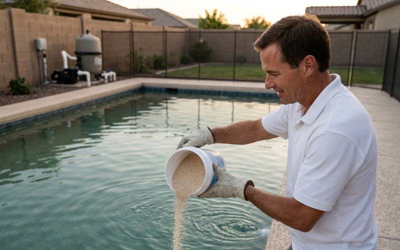 Homeowner shocking a backyard pool while the pump and circulation system are running