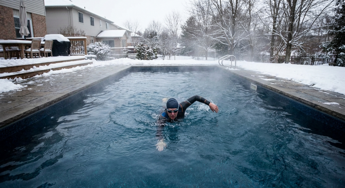 an adult swimming in a heated backyard pool during winter