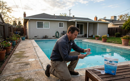 Homeowner testing pool water before adjusting alkalinity and pH