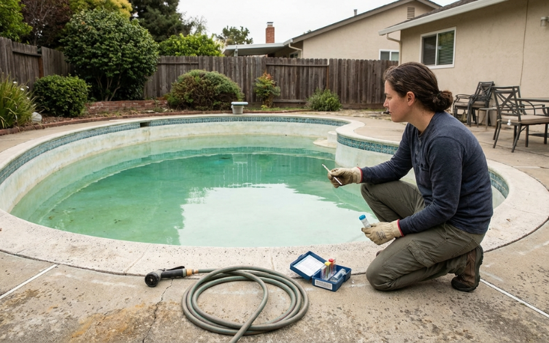 Homeowner inspecting older pool water to decide whether to drain or refill