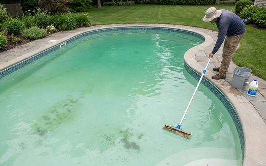 Person brushing algae from a swimming pool without using a pool vacuum