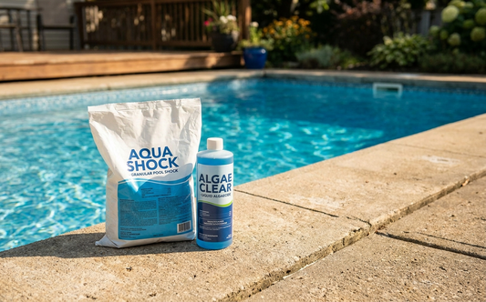 Pool shock and algaecide are two different products with different jobs — they work in sequence, not together.