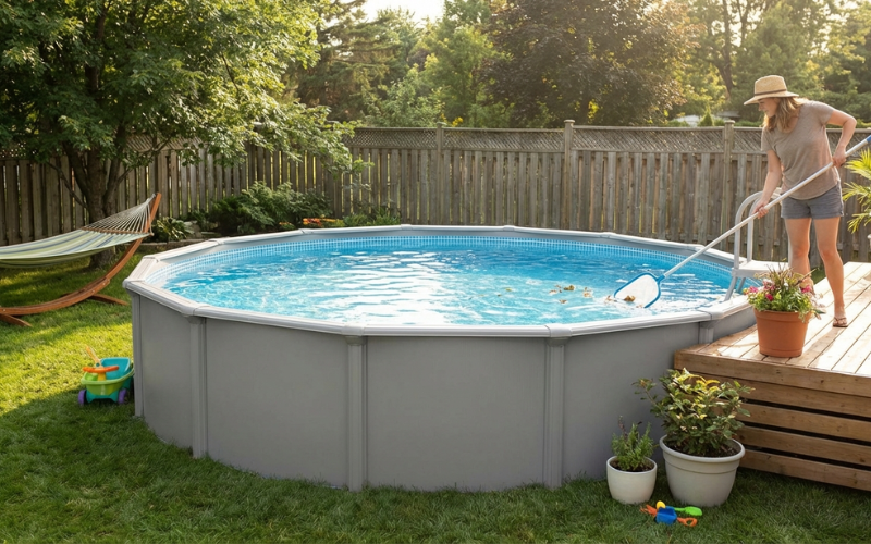 Above ground pool maintenance with a person skimming debris in a backyard pool