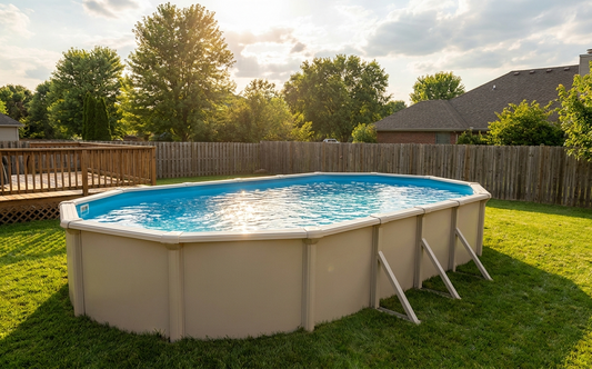 A typical above-ground pool in a residential backyard