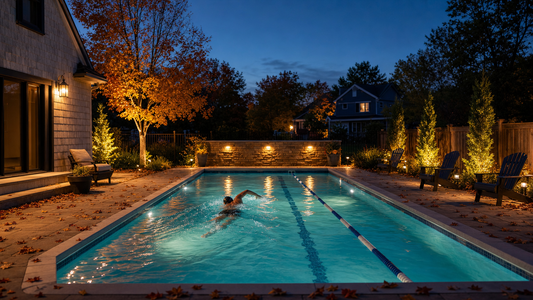 A person swimming in a warmly lit backyard pool at dusk in fall