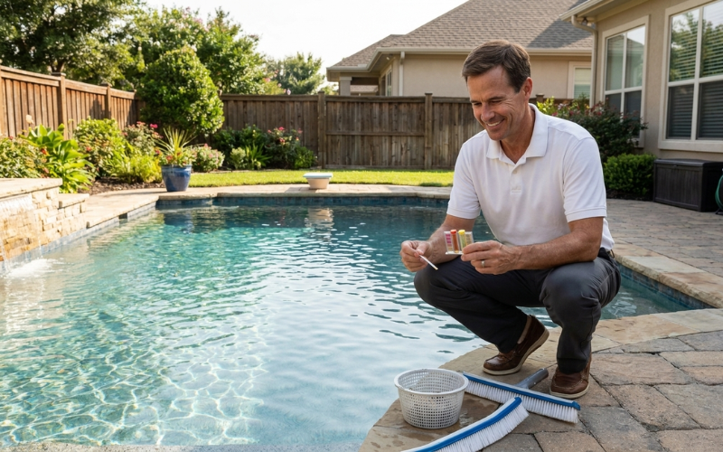 Homeowner testing pool water the morning after shock treatment before swimming