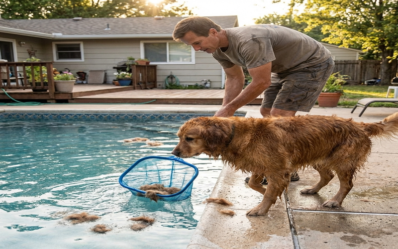 Pool owner skimming dog hair from the water right after a dog swims.