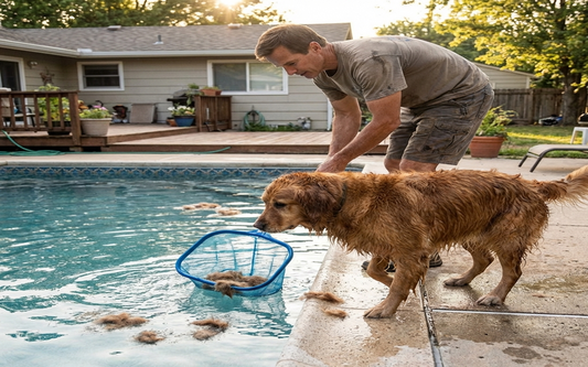 Pool owner skimming dog hair from the water right after a dog swims.