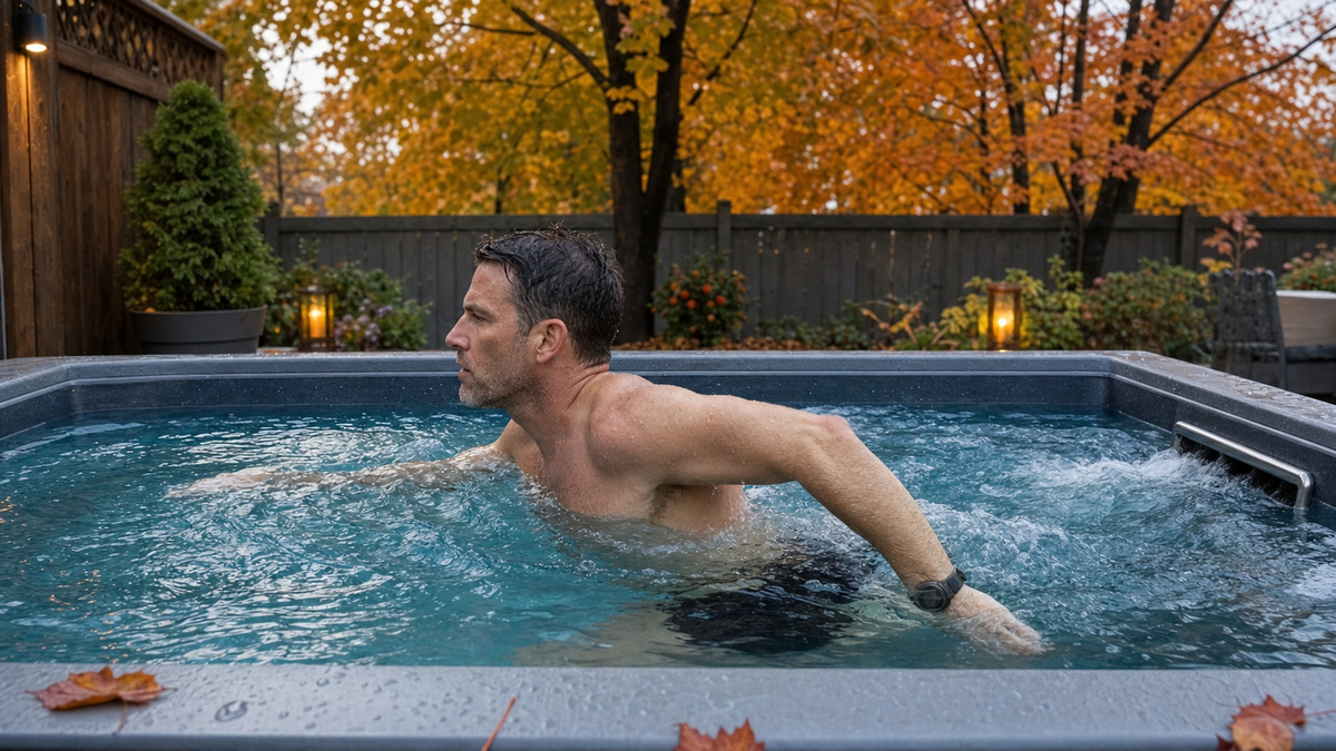 A swimmer training against a home swim jet current in a heated backyard pool in fall