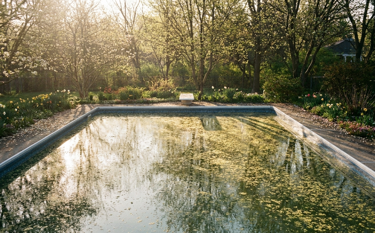 Pollen film floating on a pool surface during peak spring season.
