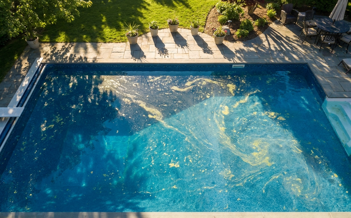 Yellow pollen film on pool surface after a spring bloom