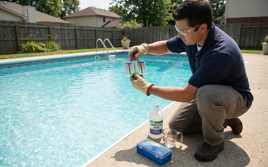 Pool owner checking pH test results beside a backyard swimming pool while preparing to add muriatic acid safely