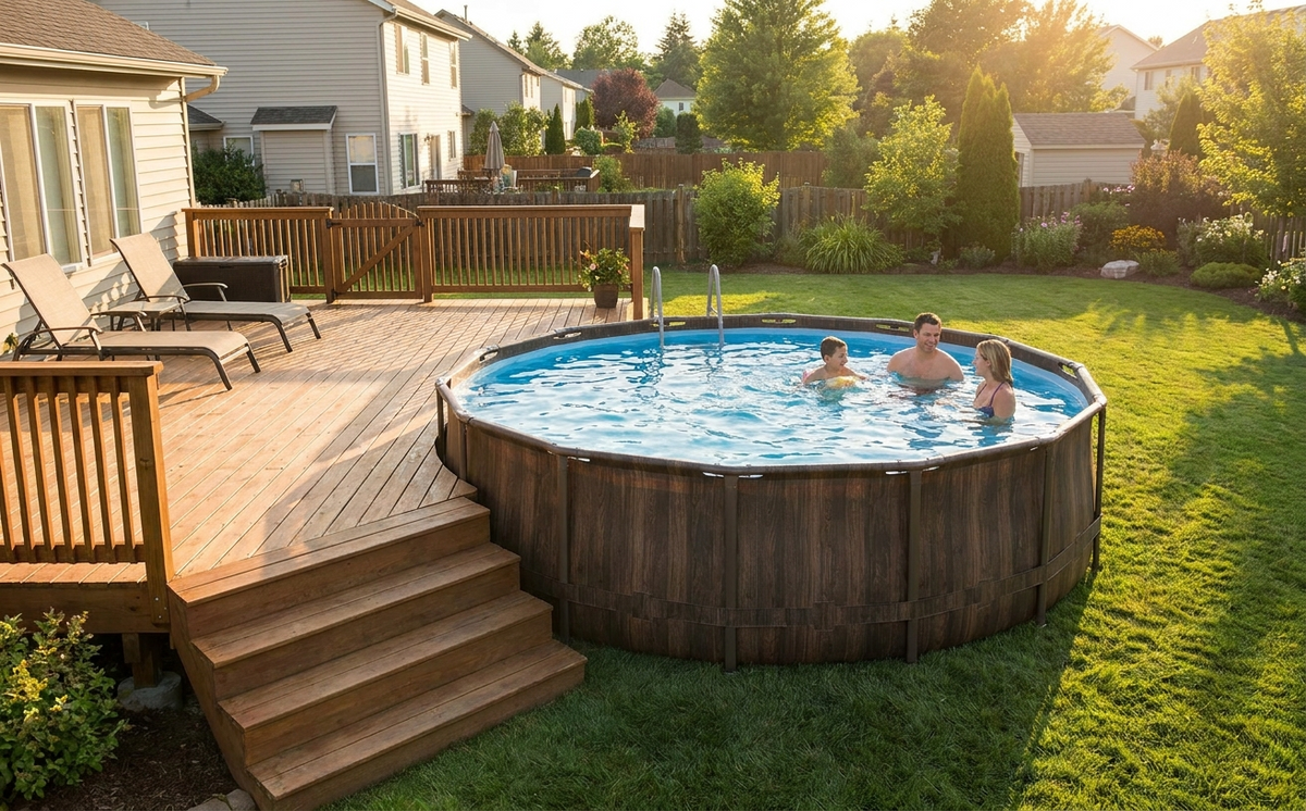 A typical hybrid frame round pool installed in a residential backyard