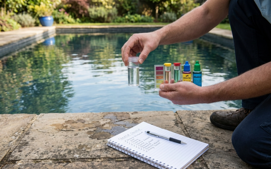 Homeowner preparing a routine pool water test beside a residential backyard swimming pool