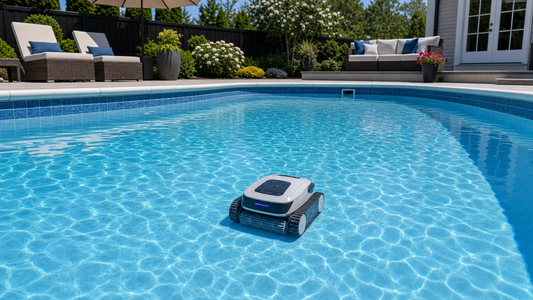 A robotic pool cleaner cleaning the floor of a clean backyard pool