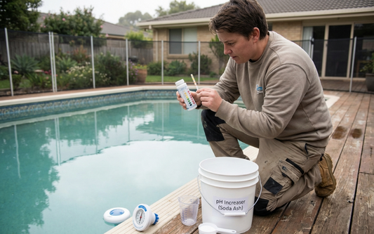 Homeowner preparing to raise low pool pH beside a residential backyard swimming pool