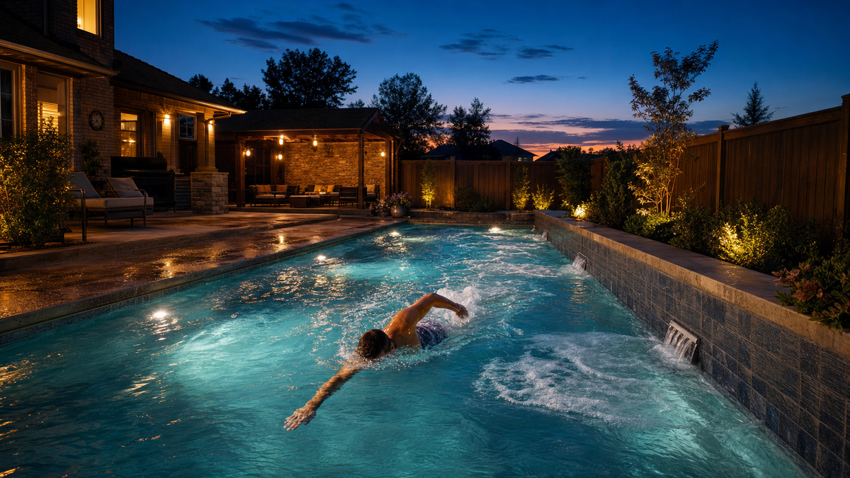 A swimmer training in an LED-lit backyard pool at dusk in fall