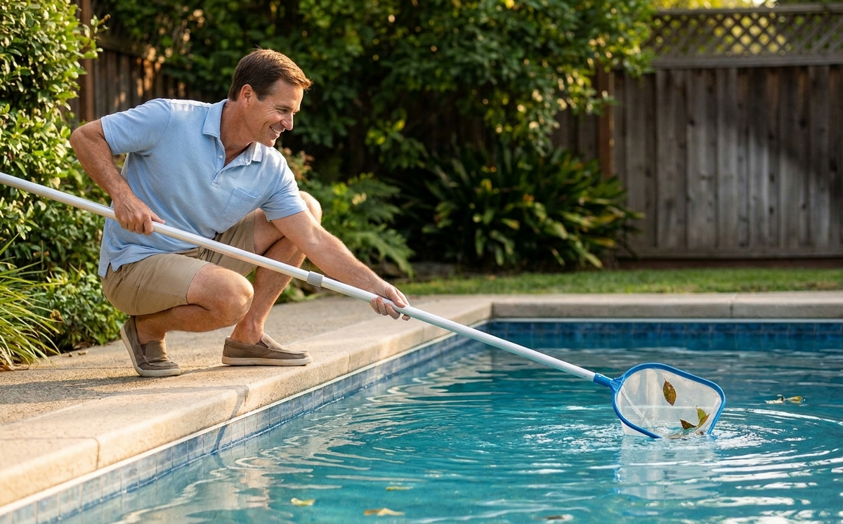 Skimmer net in one hand, clean pool ahead — this five-minute job is the one automatic cleaners can't do for you.