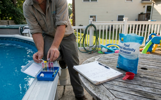 Homeowner testing pool water and planning a careful alkalinity adjustment beside a residential pool