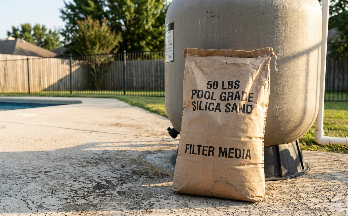 Standard pool grade #20 silica sand is what goes in a residential sand filter