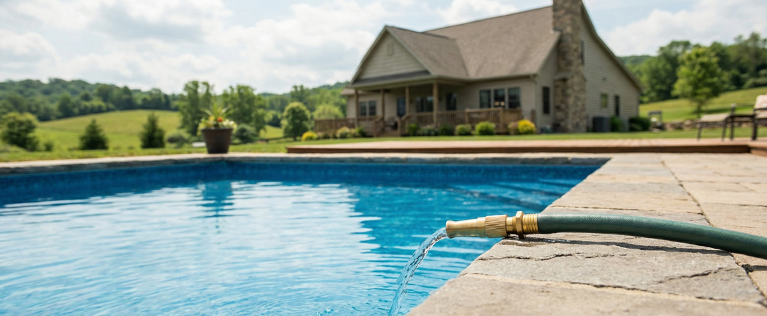 Residential swimming pool being filled with water in a private backyard well water setting