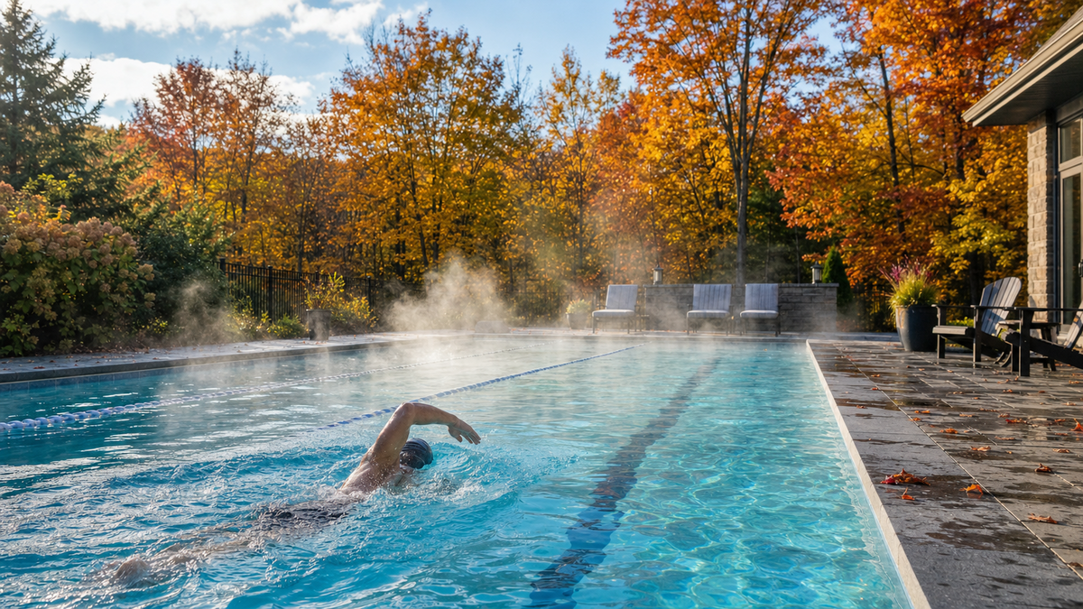 A swimmer doing laps in a heated backyard pool on a crisp fall day with steam rising from the water
