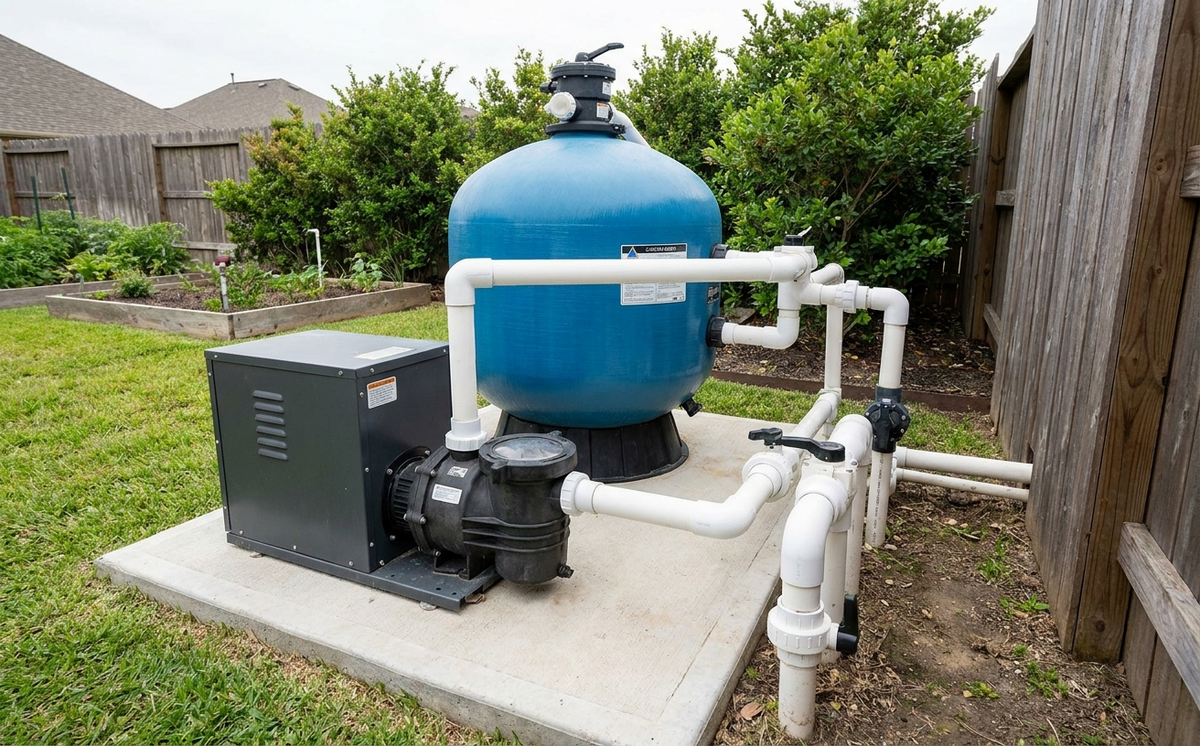 A typical residential sand filter installation next to the pool pump