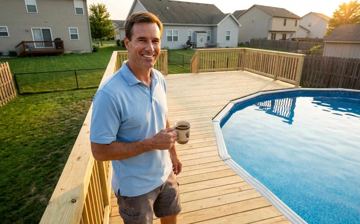 A finished above-ground pool deck combines flush access, lounge space, and code-compliant safety