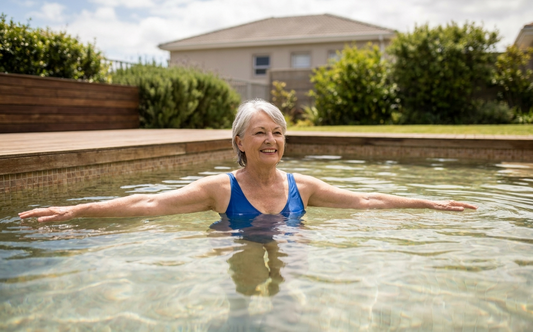 Aquatic therapy lets patients move at chest depth with about 70 percent of their body weight supported by buoyancy