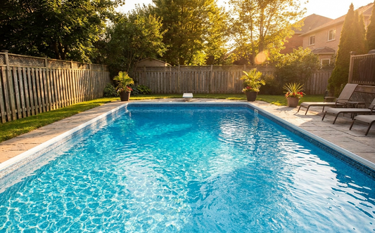 A residential salt water pool in late afternoon light