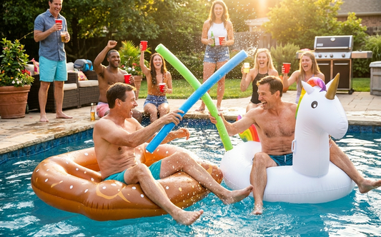 Pool noodle jousting is the kind of low-effort game that produces the best party photos.