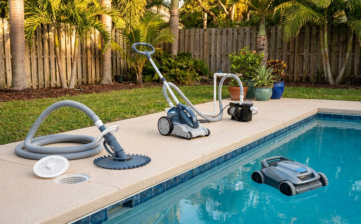 The three main types of automatic pool cleaners differ in power source, filtration, and where the debris ends up.