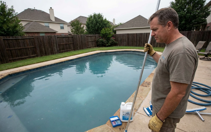 Homeowner inspecting a cloudy backyard swimming pool before using flocculant for cleanup
