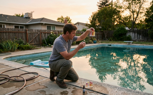 Homeowner testing chlorine level beside a residential backyard swimming pool