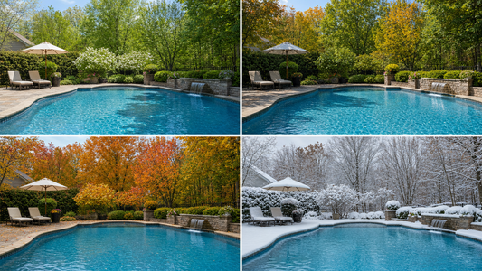 A well-maintained backyard pool with autumn foliage beginning to show behind it