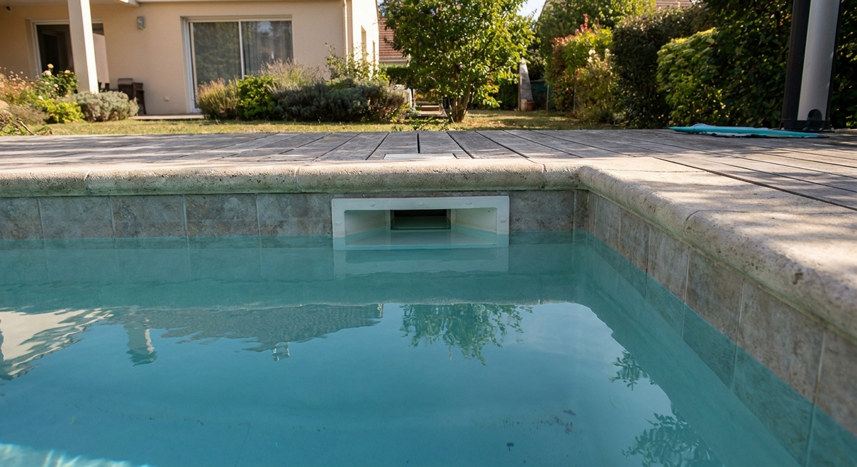 The waterline sits halfway up the skimmer opening, the simple visual target