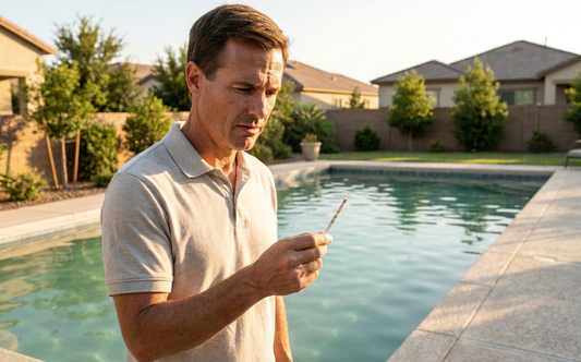 A cloudy pool after over-shocking, with the homeowner checking chlorine levels