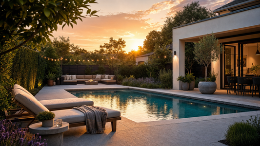 A modern backyard pool at golden hour set up as a relaxing wellness space