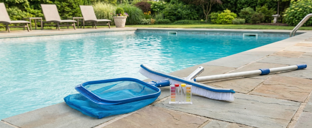 Clean residential swimming pool with basic maintenance tools for routine pool cleaning