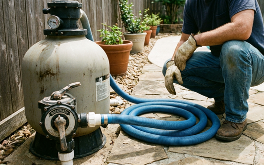 Homeowner preparing to backwash a residential pool filter system